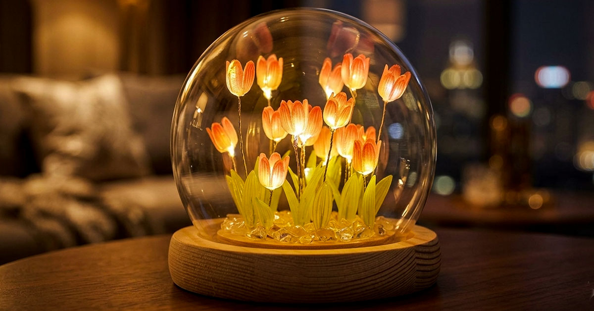 Glows Warmly Inside an Elegant Glass Dome