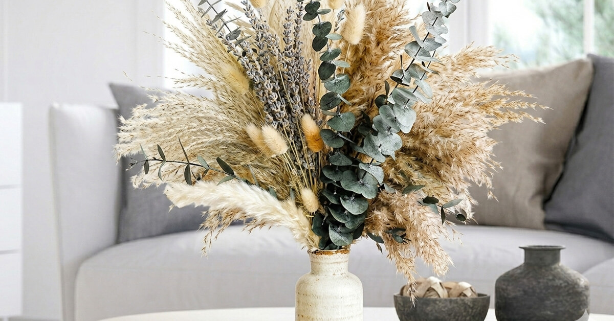 Features Pampas Grass, Lavender, And Eucalyptus Blooms