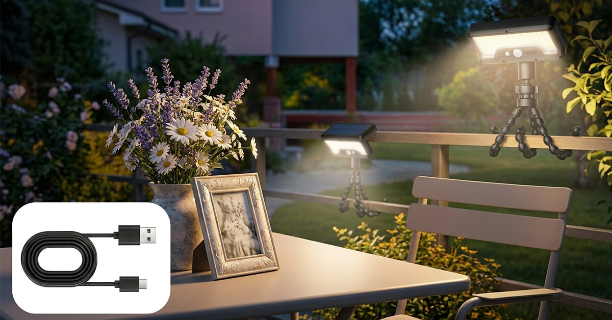 A split-image comparison — on the left, a cluttered collection of failed garden lights (dim solar stakes, tangled string lights, a wall-mounted unit with drill holes); on the right, a single AnyMount glowing warmly on a fence post in a tidy garden.