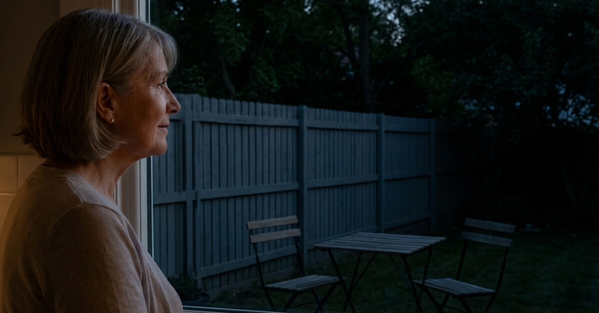 A wide shot of a beautifully lit garden at night — warm EdgeGlow lights along a fence, a small patio table with two mugs on it, and the soft glow of a kitchen window in the background, conveying warmth and home.