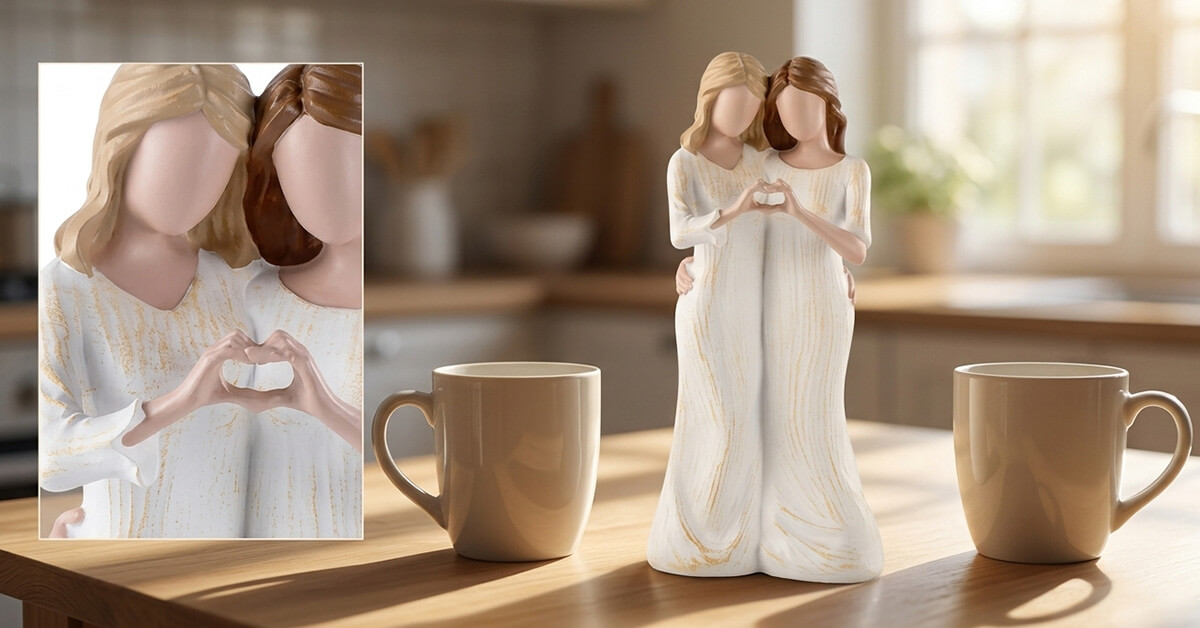 A split-image concept — one side showing a woman's desk with the figurine, the other showing another woman miles away smiling at her phone, emotionally connected across the distance.