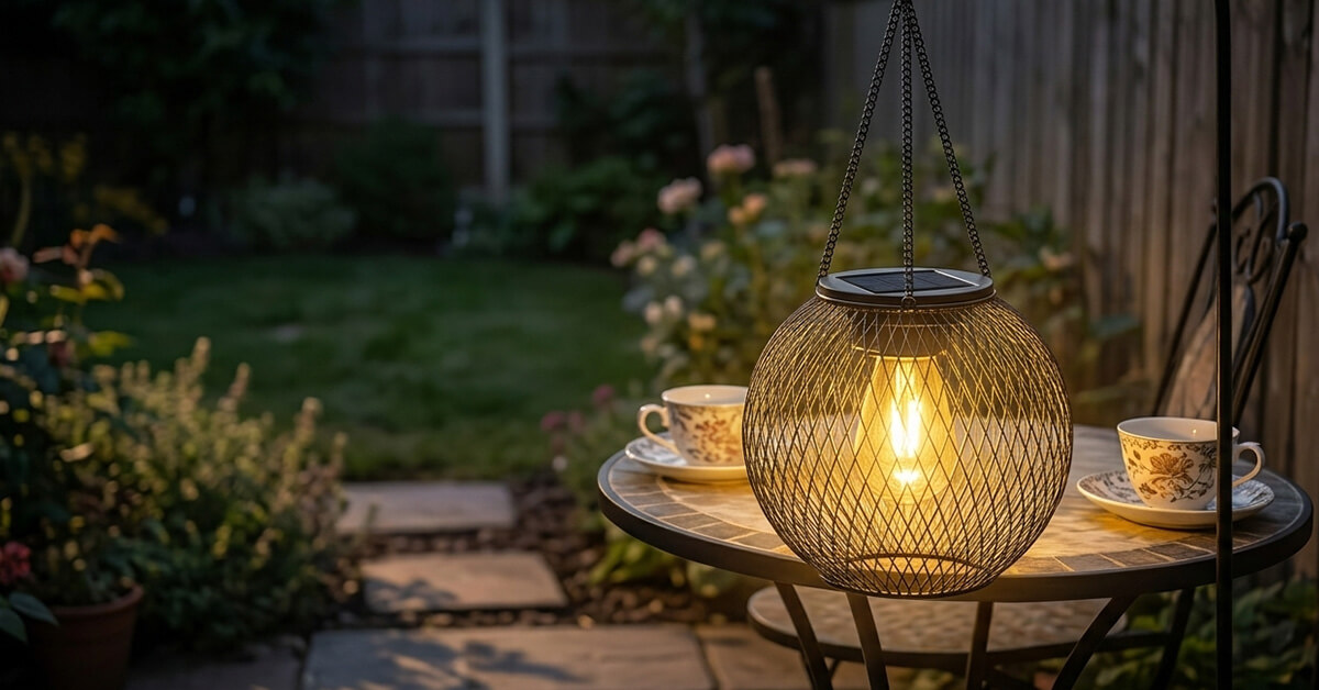 A row of 3 IronGlow lanterns hanging at different heights along a garden fence at twilight, their warm glow creating overlapping pools of golden light on a stone pathway below.