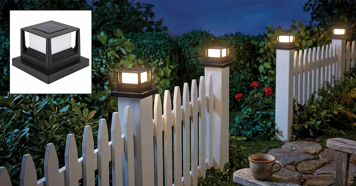 A woman sitting in a garden chair at dusk, wrapped in a light blanket, eyes closed with a gentle smile, a LanternCap glowing softly in the background