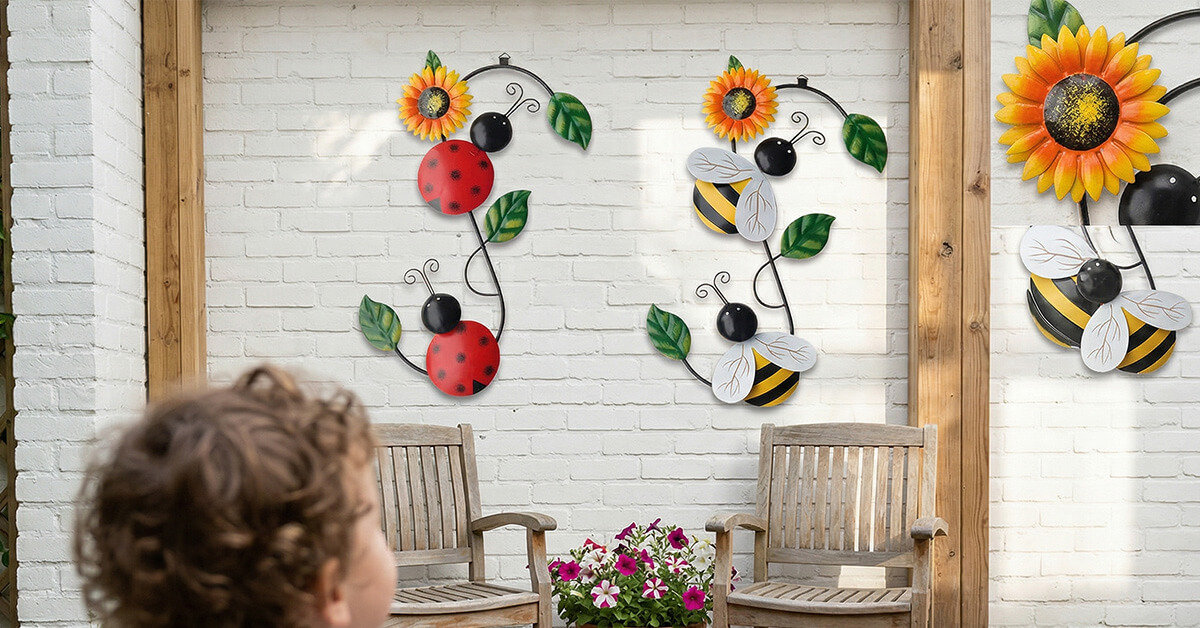 A SunSpot piece on an outdoor wall shown across 4 seasonal panels — spring blossoms, summer sun, autumn leaves, winter frost — looking equally vibrant in each.