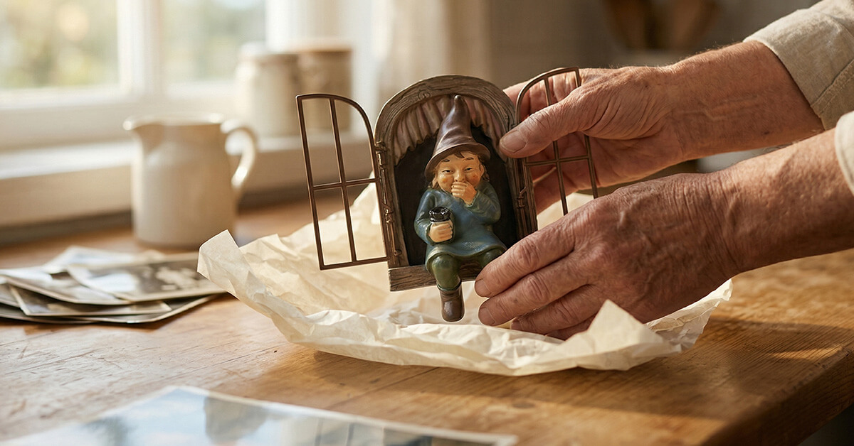 A peaceful garden scene at golden hour — the gnome visible on a tree in the mid-ground, a senior couple sitting nearby on a bench, the garden warm and alive with character.