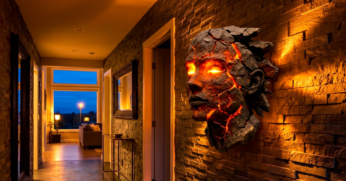 A cozy evening reading corner — a deep armchair, a book facedown on the armrest, and the AshenGaze mounted nearby casting its amber lava glow across the scene, creating a moody, atmospheric pocket of warmth.
