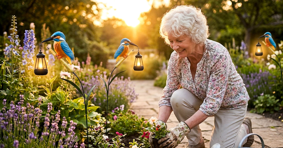 A serene overhead view of a garden at nightfall, Azure Wing stake lights dotting a winding pathway, casting warm circles of light among flower beds.