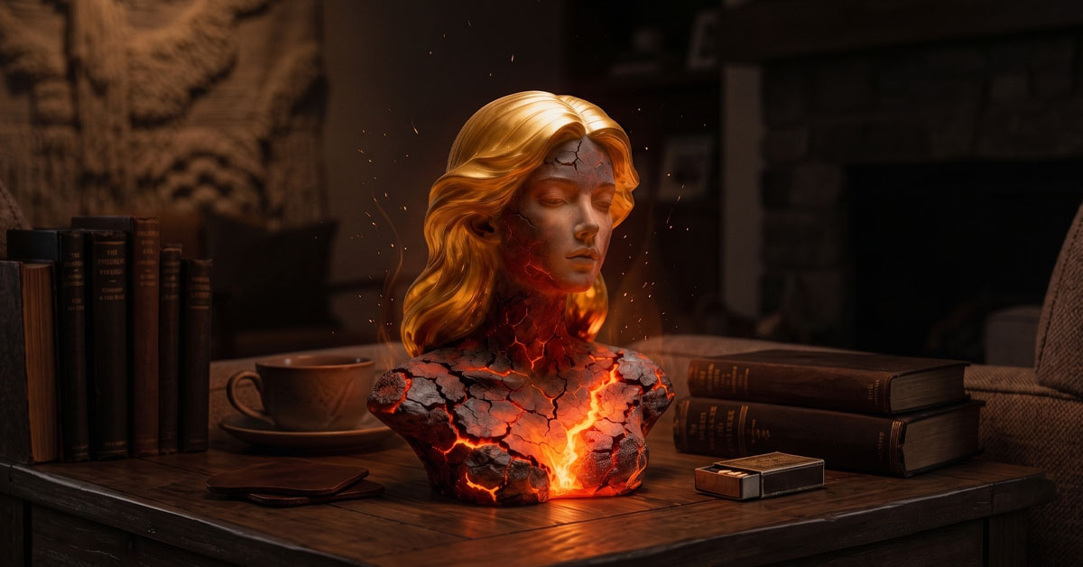 Captures the fierce beauty of a blazing maiden