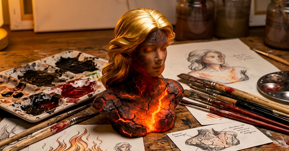 Hand-painted red flames add dramatic gothic flair