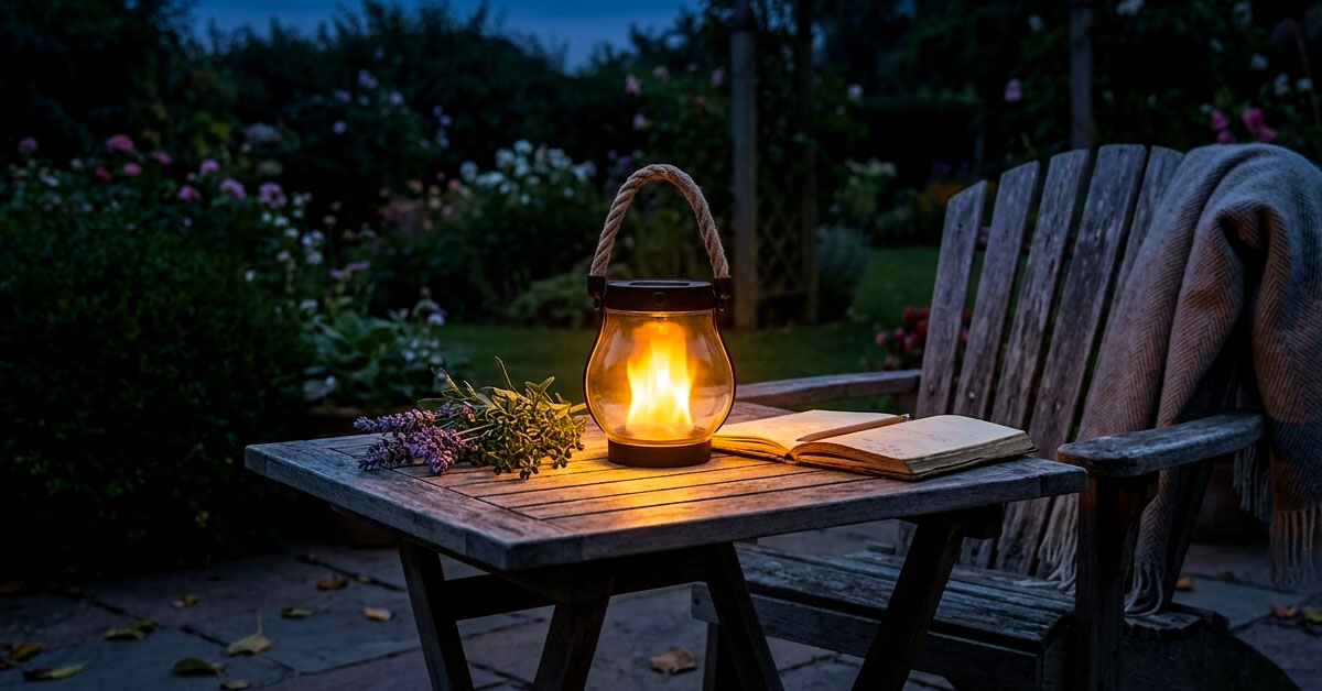 A collage-style layout showing 3 different real-life garden settings — a patio, a pathway, a bench — each with a CozyFlame glowing, accompanied by short quote snippets from reviews