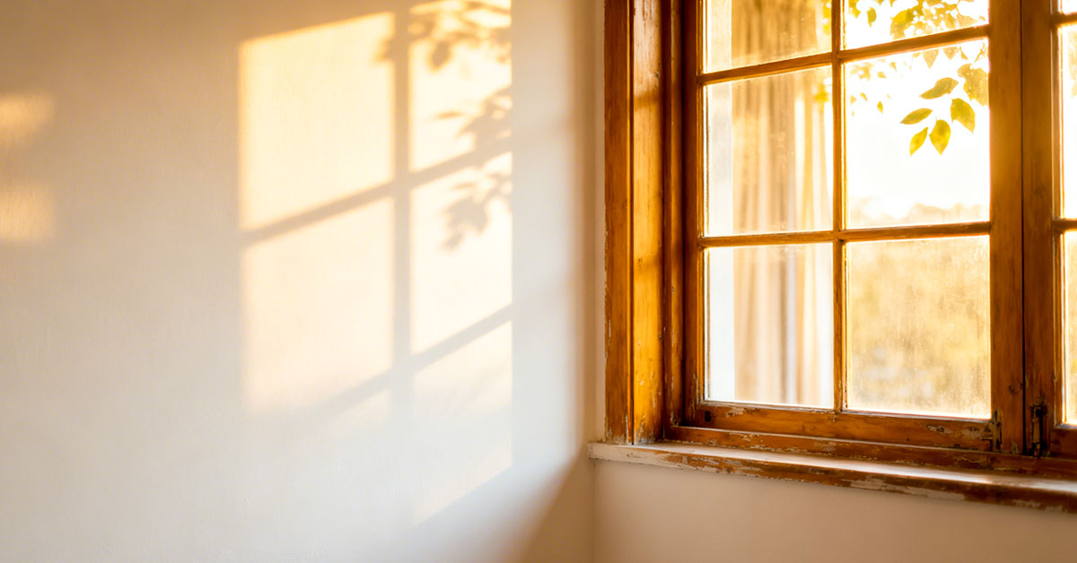 A montage of DragonPane hanging in different locations — a bedroom window with morning light, a garden patio at golden hour, and an office window casting colour across a desk.