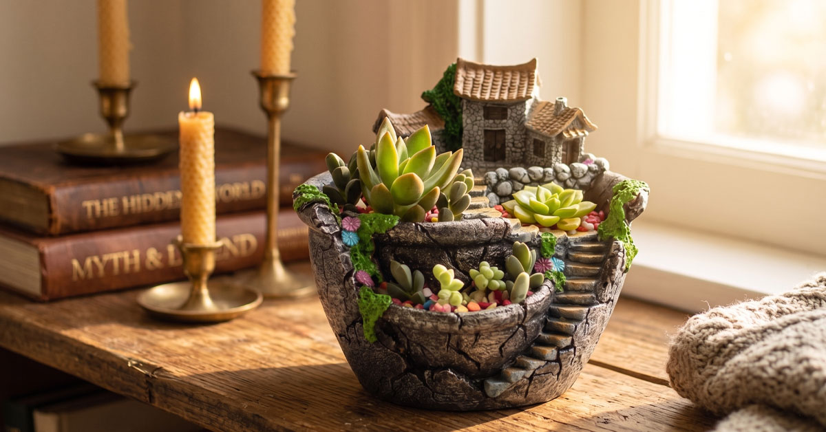 Transforms Succulents Into Enchanting Fairy Village Scenes