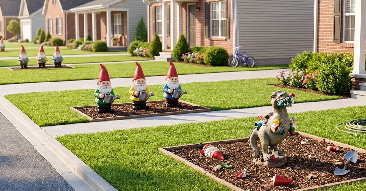 A split-frame showing the GnomeChomp statue looking vibrant and colorful in bright summer sunshine on one side, and equally vivid sitting in a frost-dusted winter garden on the other.