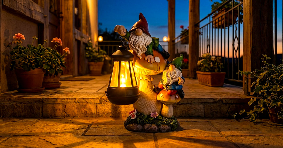 A gift box being opened on a patio table, with the colourful gnome statue emerging from tissue paper, a birthday card visible nearby.