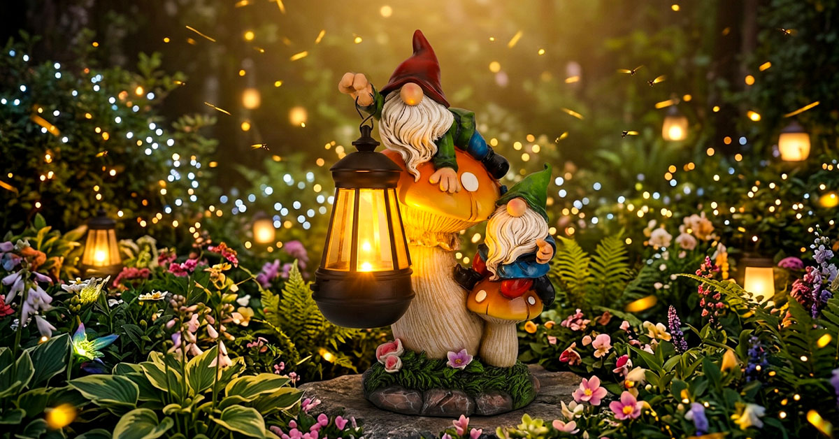 Charming Gnome Climbs Mushroom Holding Glowing Lantern