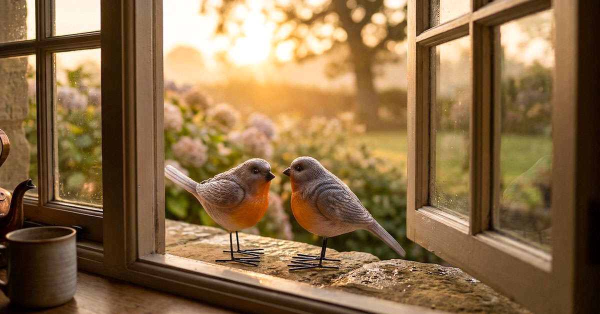 A wide shot of a peaceful cottage garden in soft afternoon light, two robin figurines visible on a low stone wall, a pair of gardening gloves resting nearby.