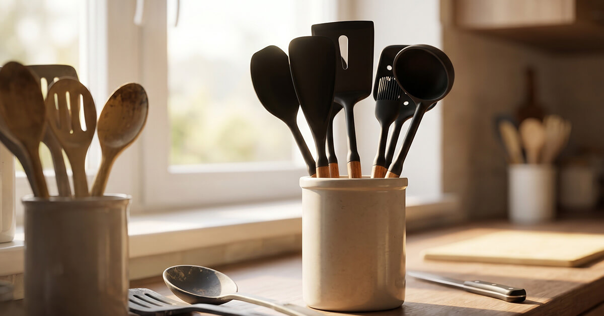 A small bag of old, mismatched plastic utensils sitting by a door, with a bright kitchen visible in the background featuring the NordiKook set neatly arranged — a subtle before-and-after moment.