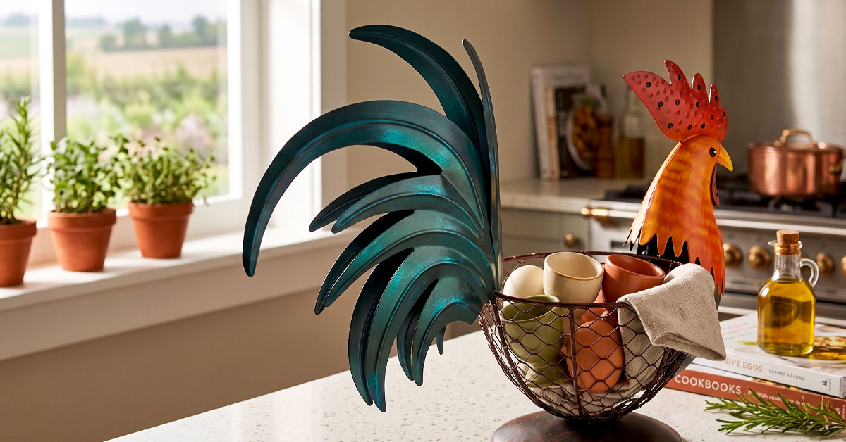 Features Vibrant Teal Feathers and Glowing Orange Comb