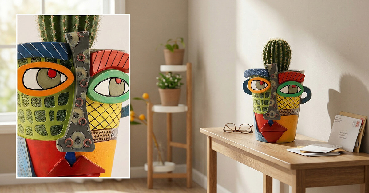 A styled shelf arrangement showing the Vivid Muse planter among books and personal objects, demonstrating how it transforms an ordinary display into something visually striking.