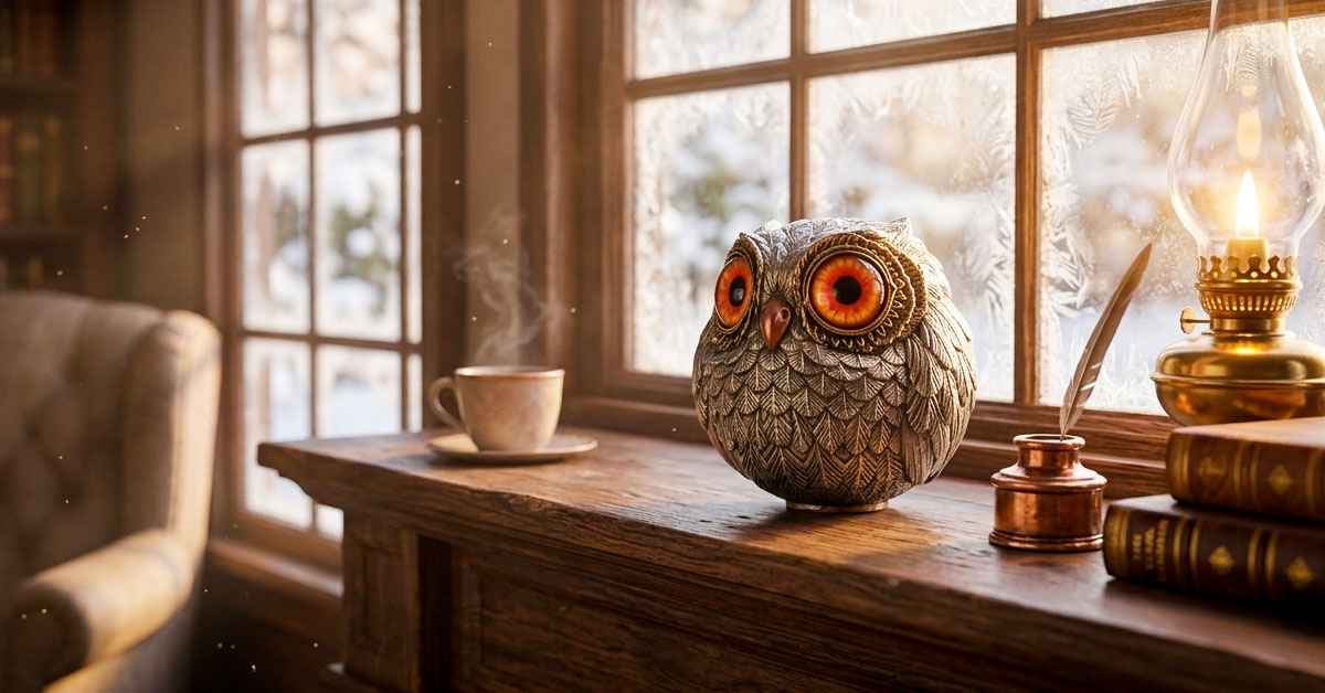 An elegantly wrapped Wise Owl figurine being opened by a visibly moved older woman, her hands carefully lifting it from tissue paper at a birthday gathering.