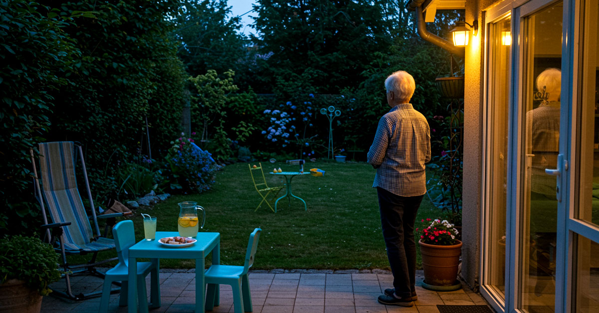 A flat-lay style arrangement showing the ZapLight from above next to items like a sun hat, gardening gloves, a glass of lemonade, and a pair of reading glasses — suggesting an active senior lifestyle.