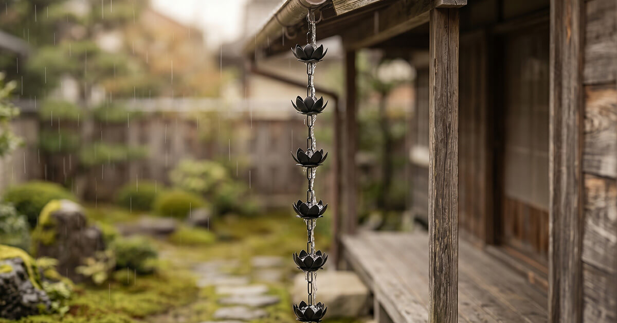 A framed faded photograph of a Japanese garden sitting on a windowsill, and through the window behind it, a ZenDrop rain chain is visible hanging in soft rain — the past and present beautifully connected.