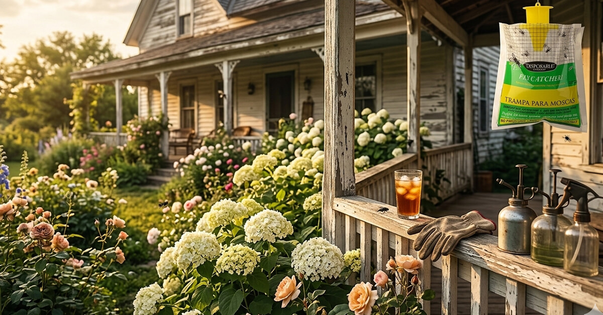 A senior woman sitting contentedly in a garden chair surrounded by flowers, reading a book in the late afternoon sun, with no flies in sight — serene and undisturbed.