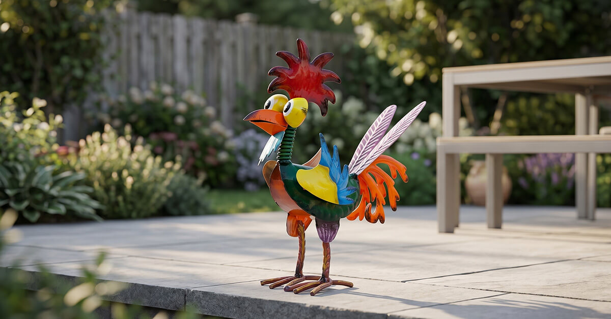 The Cheerful Cluck standing firm in a garden during a gentle rain shower, droplets on its iron surface, colors still vivid and bright — a visual testament to its durability.