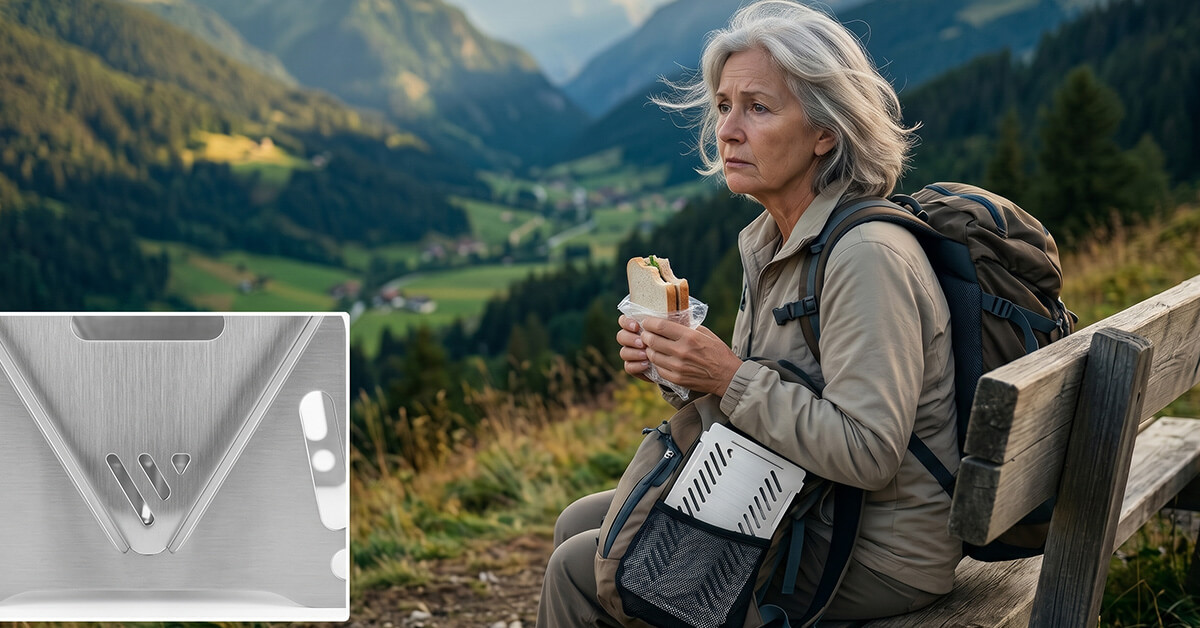 Two women in their 60s on a trail, one showing the other her small GrillGo setup with visible delight, both laughing warmly in dappled sunlight.