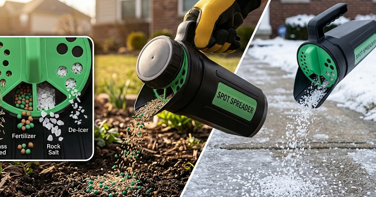 Spreads Seed, Salt, Fertilizer, And De-Icer Effortlessly