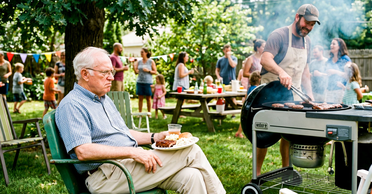 A laptop screen showing glowing 5-star reviews, a man's reading glasses resting beside it on a patio table.