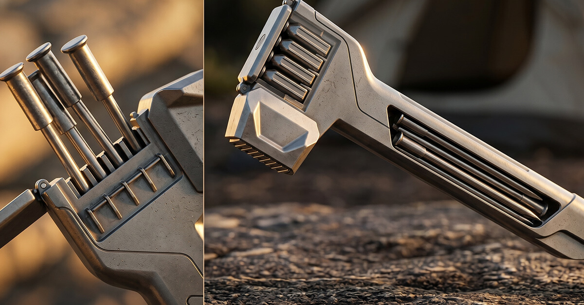 StakeVault stores 8 stakes inside the hollow handle.