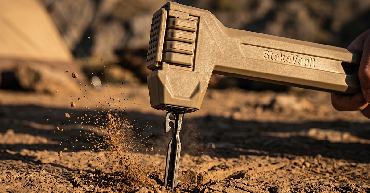 Drive tent stakes effortlessly with StakeVault's heavy-duty head.