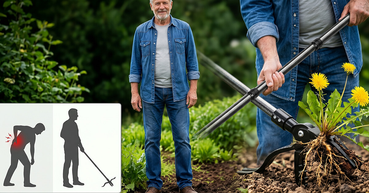 Stands Upright — Eliminates Bending and Back Pain